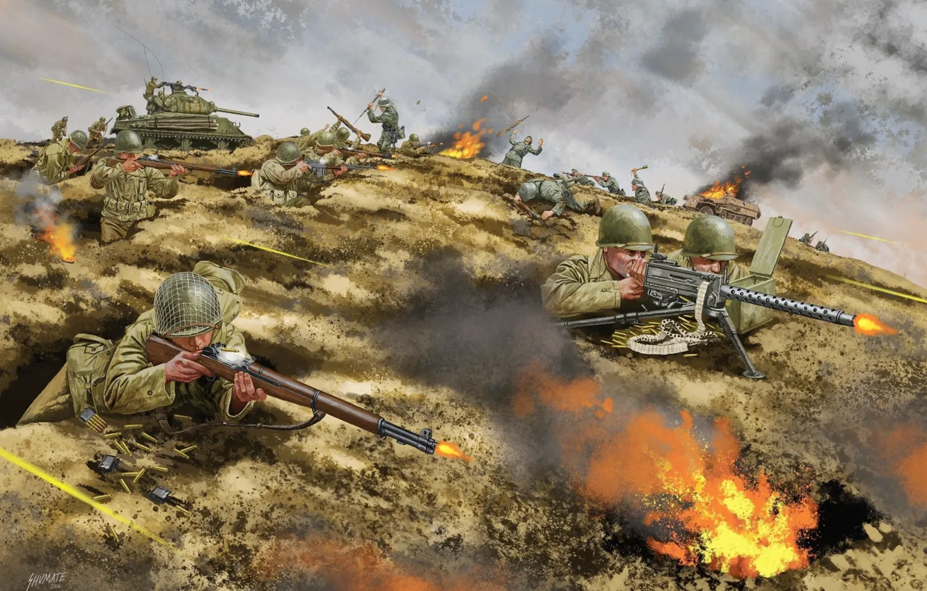 Фото обои Солдаты, Винтовка, US Army, Вторая Мировая война, Пулемёт