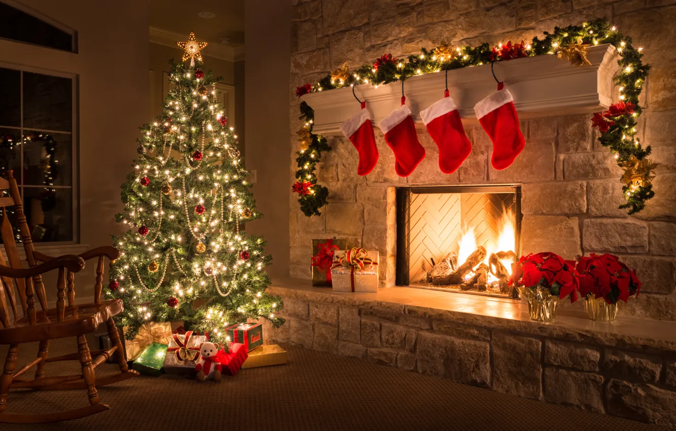 Фото обои украшения, елка, Рождество, подарки, Новый год, камин