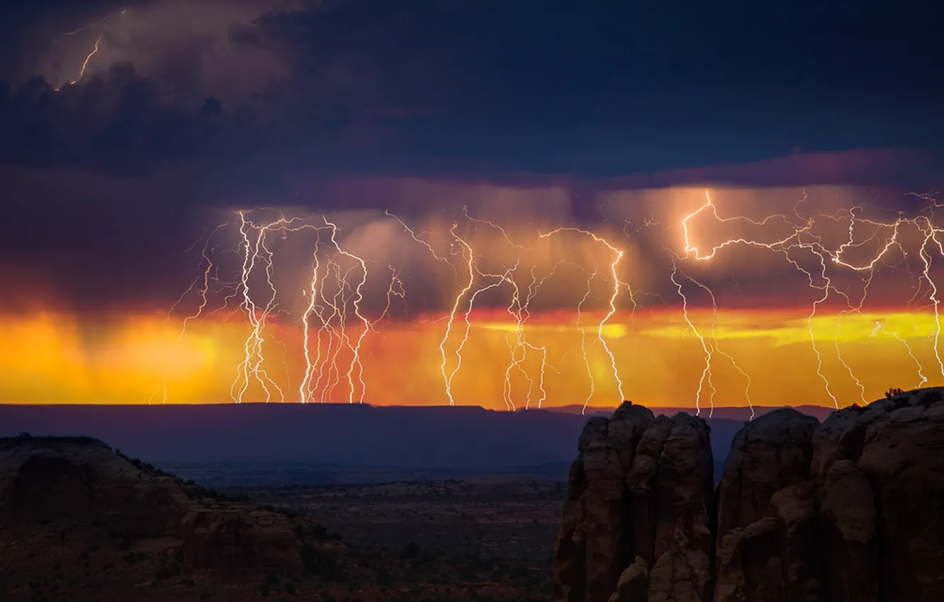 Фото обои storm, twilight, sky, desert, landscape, nature, lightning, sunset