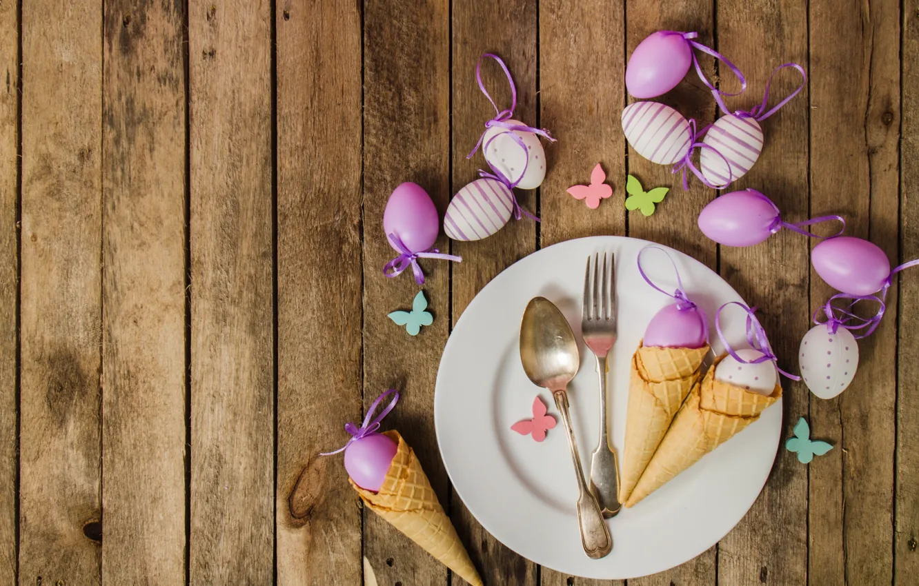 Фото обои яйца, весна, тарелка, Пасха, рожок, wood, spring, Easter