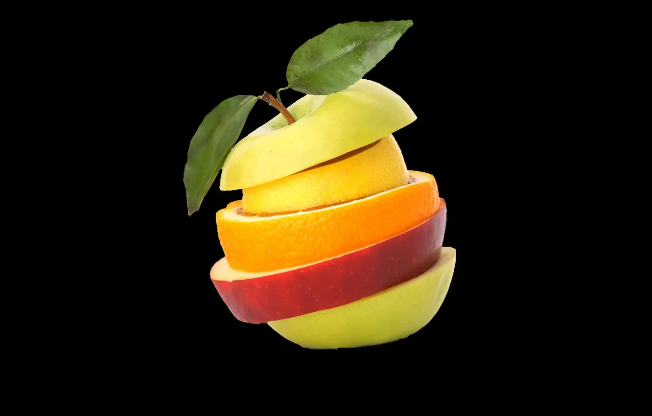 Фото обои яблоко, апельсин, листик, черный фон, кусочки фруктов