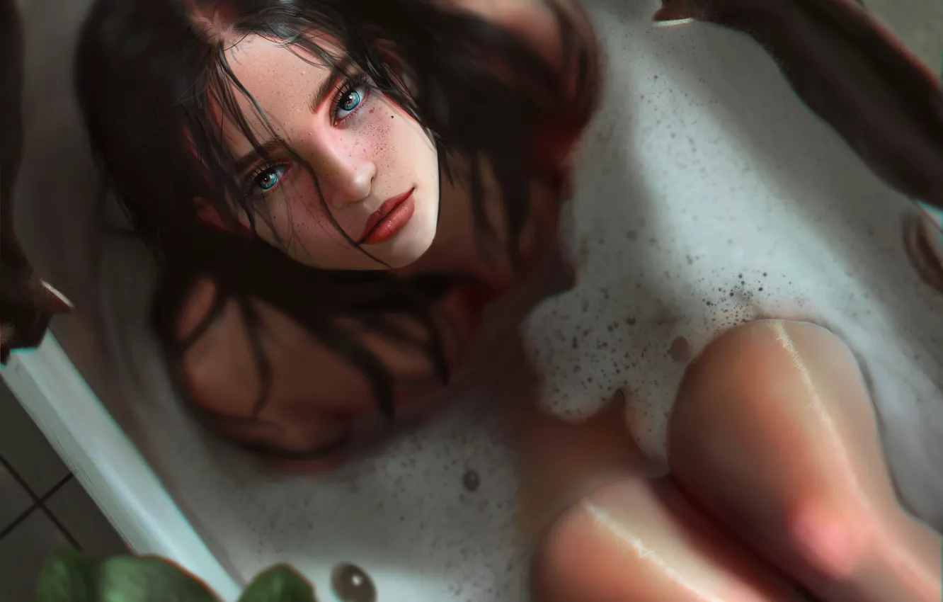 Фото обои веснушки, голубые глаза, мокрые волосы, колени, в ванне, смотрит вверх, портрет девушки, by PUFFET69