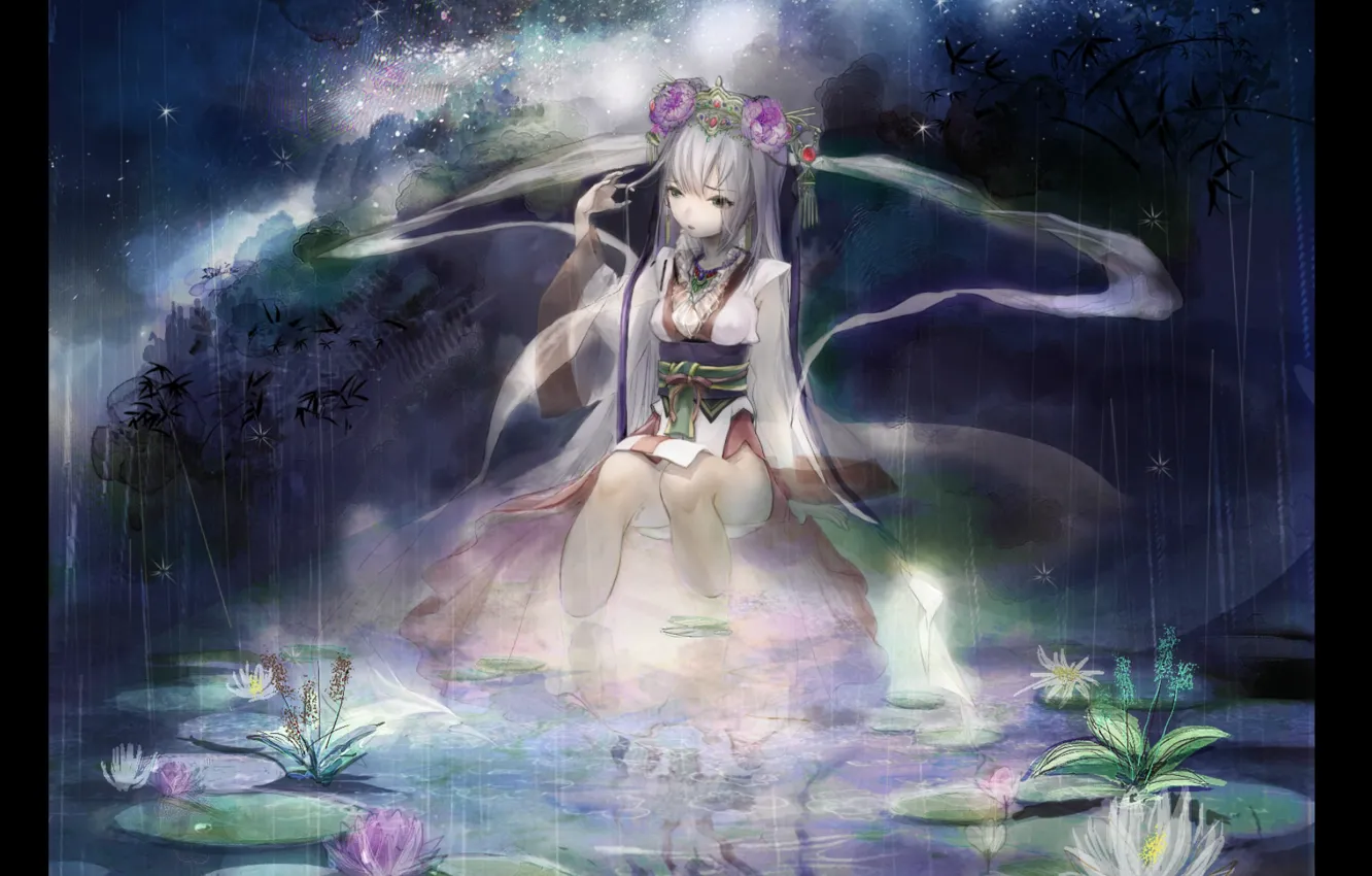 Фото обои звезды, ночь, пруд, девочка, кимоно, млечный путь, лотосы, венок