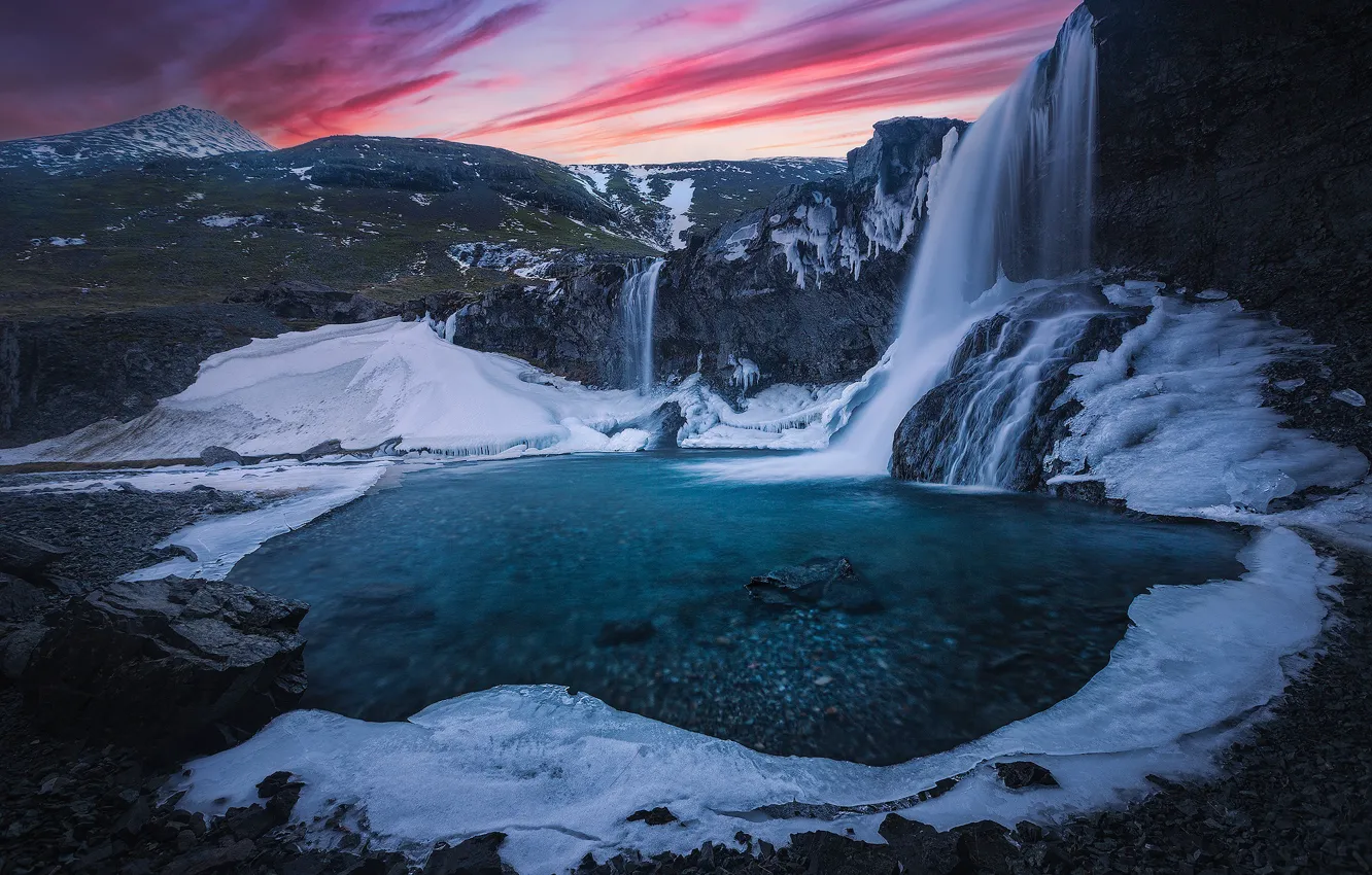 Фото обои закат, горы, скала, река, водопад, лёд, Исландия, Iceland