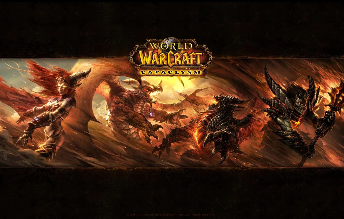Фото обои World of Warcraft Cataclysm, Нелтарион Хранитель земли, Смертокрыл Разрушитель, Алекстраза Хранительница Жизни, аспект красных драконов, …