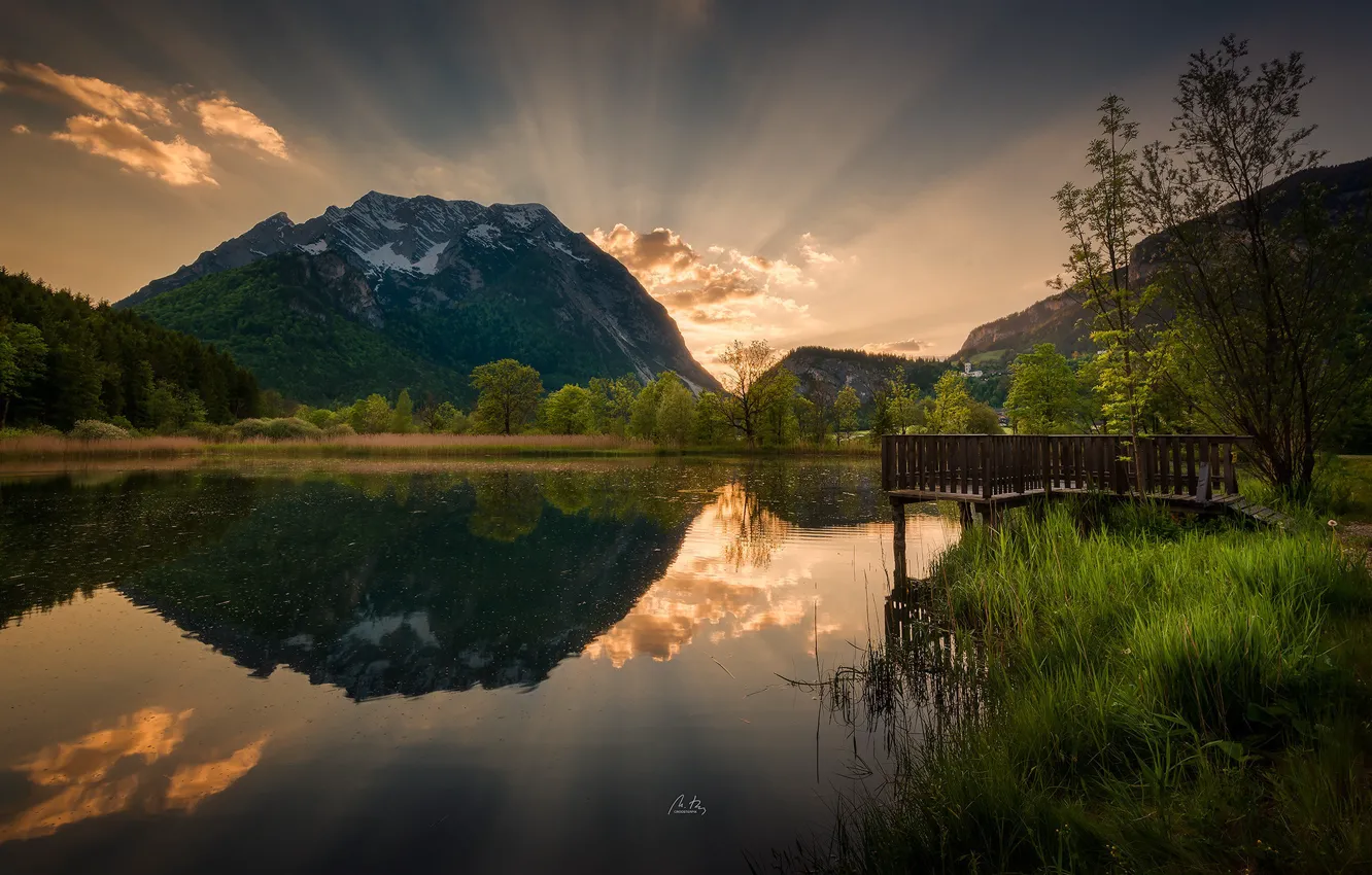 Фото обои закат, горы, природа, озеро, отражение