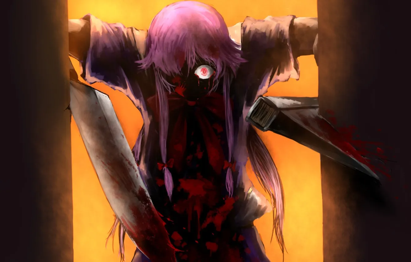 Фото обои кровь, нож, топор, mirai nikki, юно гасай, Дневник будущего