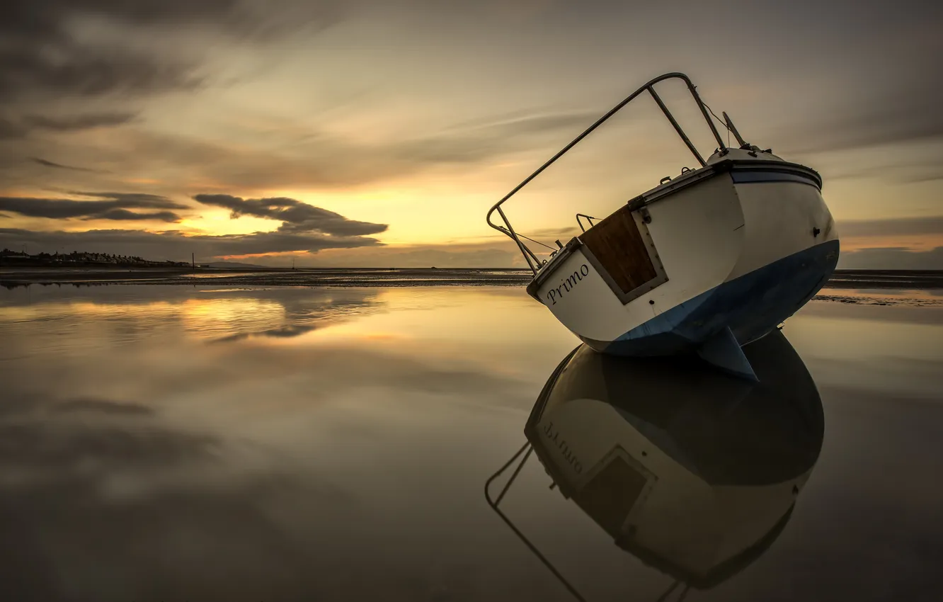 Фото обои закат, лодка, мель