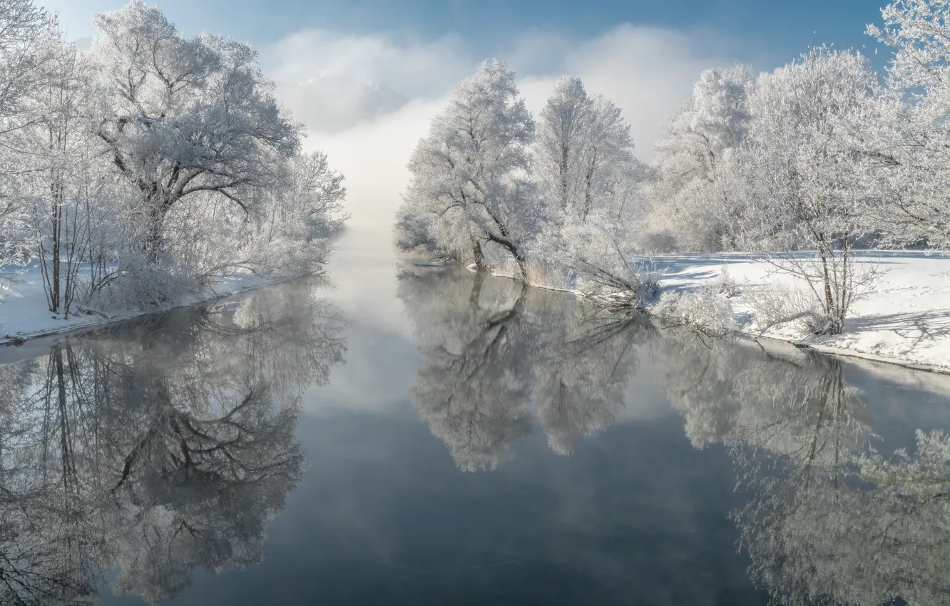 Фото обои зима, иней, деревья, отражение, река, Германия, Бавария, Germany