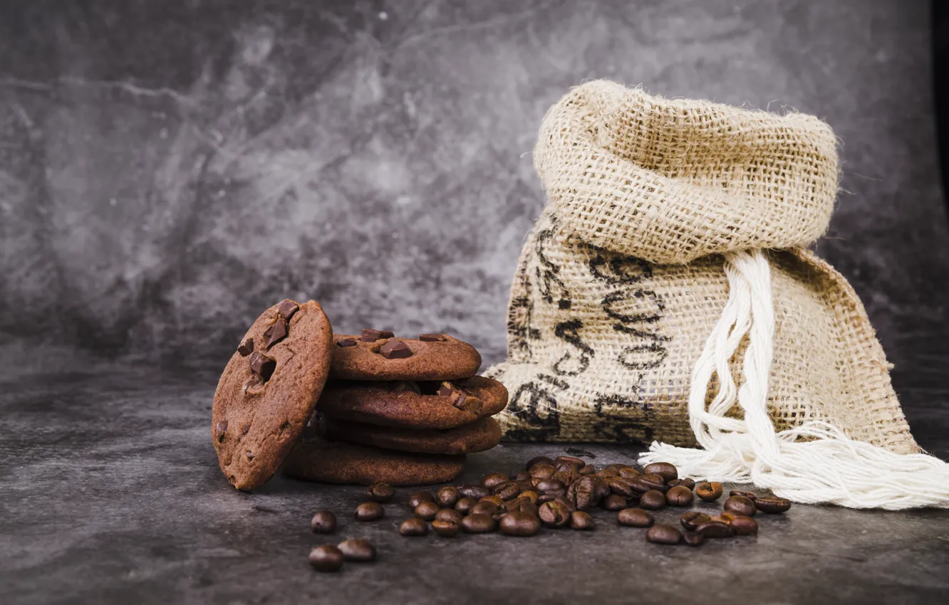 Фото обои шоколад, печенье, кофейные зёрна, выпечка, cookies, мешочек, coffee beans, roasted