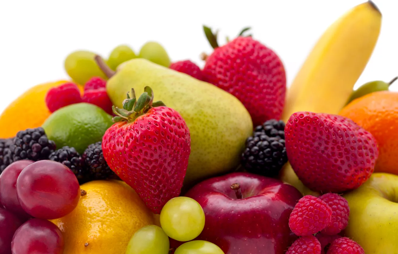 Фото обои ягоды, малина, яблоко, клубника, виноград, груша, фрукты, банан