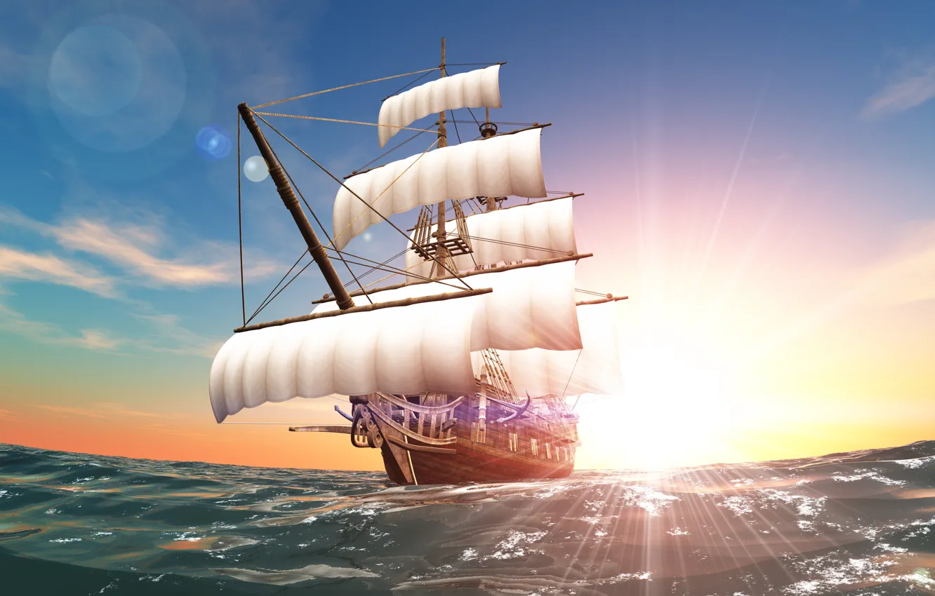 Фото обои море, солнце, корабль, паруса, плавание, курс