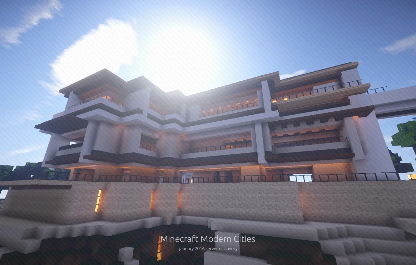 Фото обои Солнце, Небо, Здание, Minecraft