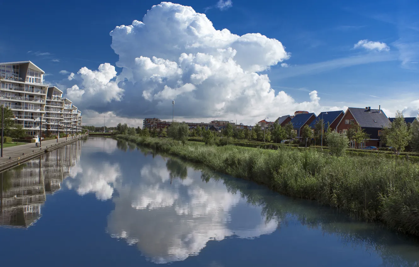 Фото обои небо, облака, отражения, природа, река, Нидерланды, river, nature