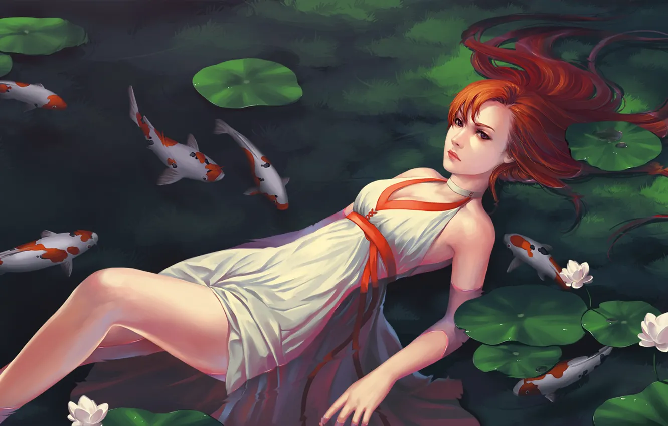 Фото обои вода, девушка, река, рыба, платье, рыжая