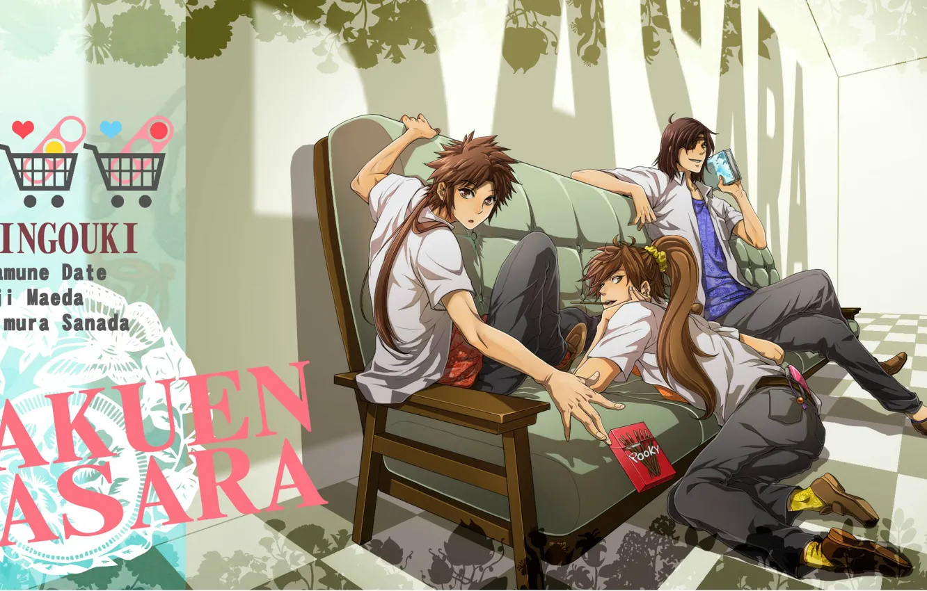 Фото обои диван, длинные волосы, школьники, fanart, sengoku basara, три парня, Masamune Date, Keiji Maeda