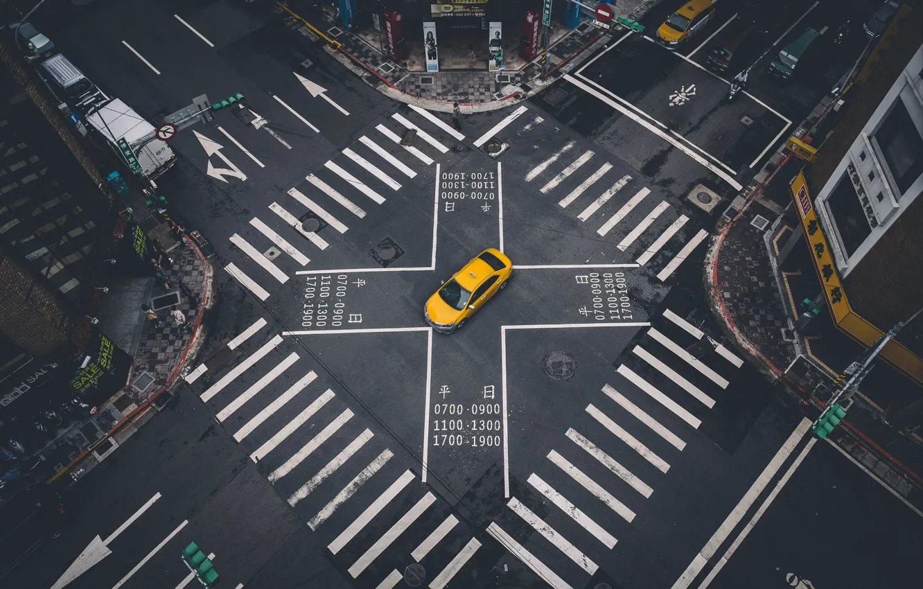 Фото обои машина, разметка, улица, перекресток, такси, Тайбэй