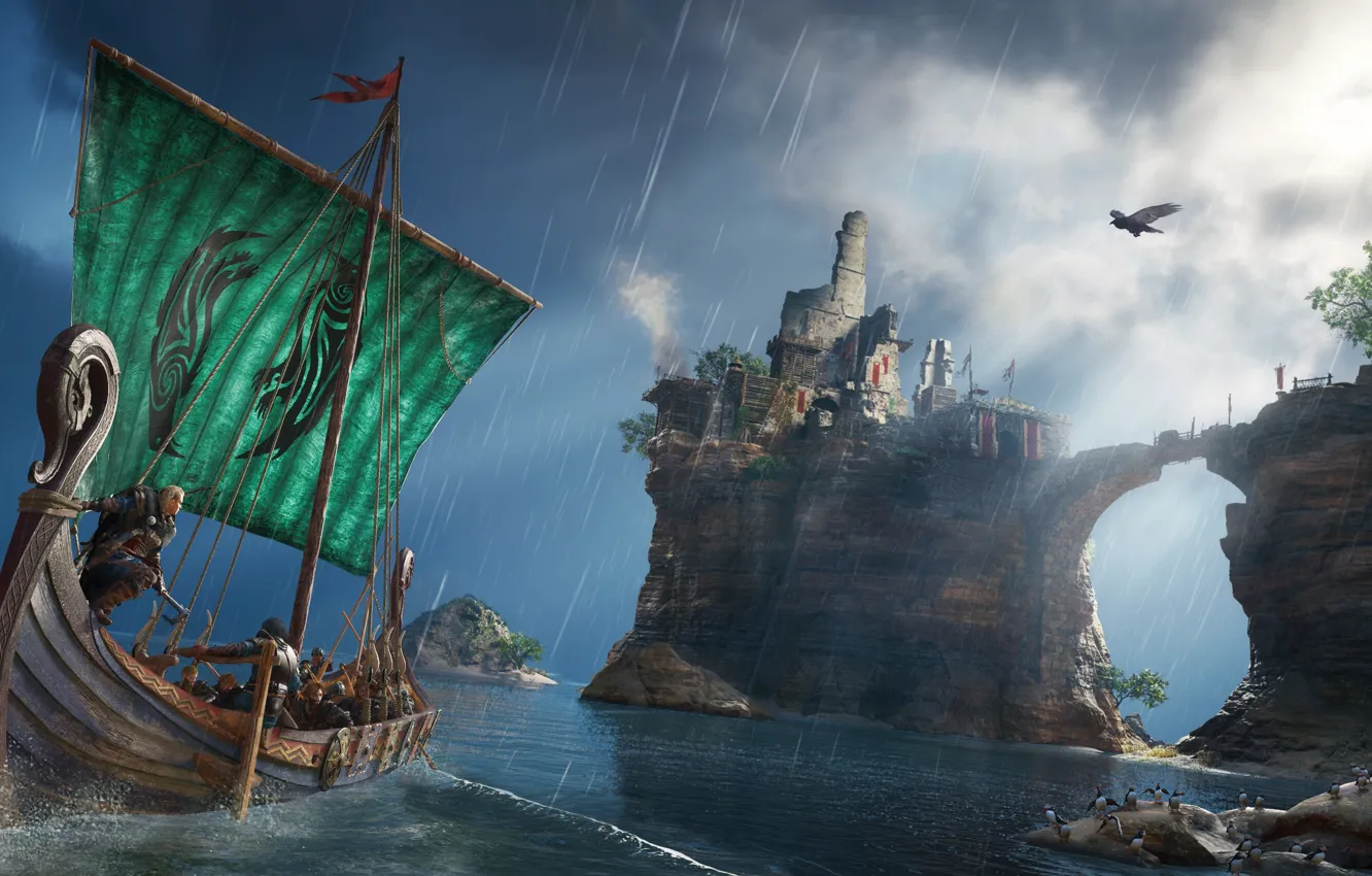 Фото обои море, скалы, парус, Assassin's Creed Valhalla, корабь