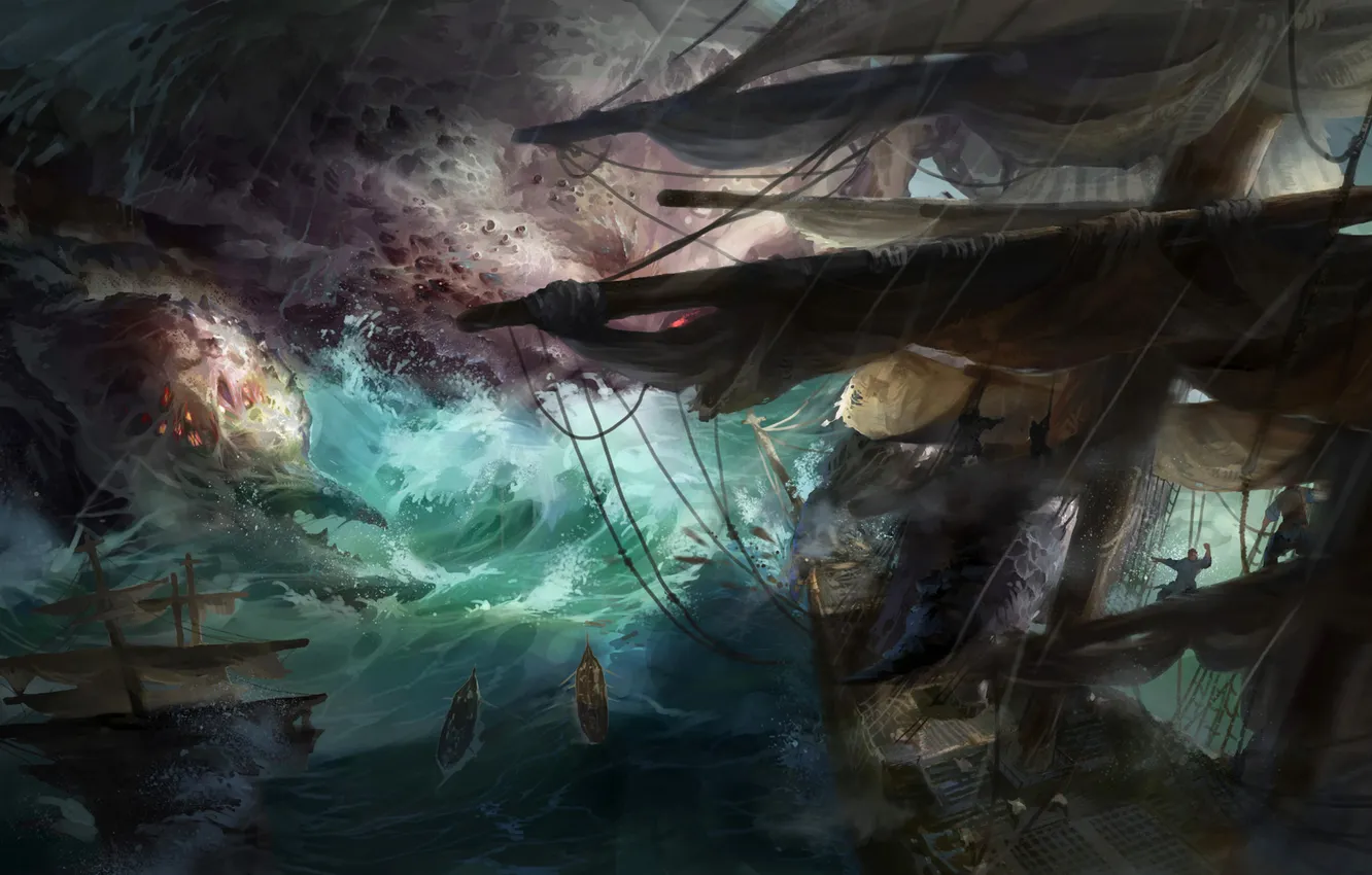 Фото обои море, шторм, люди, монстр, корабли, арт