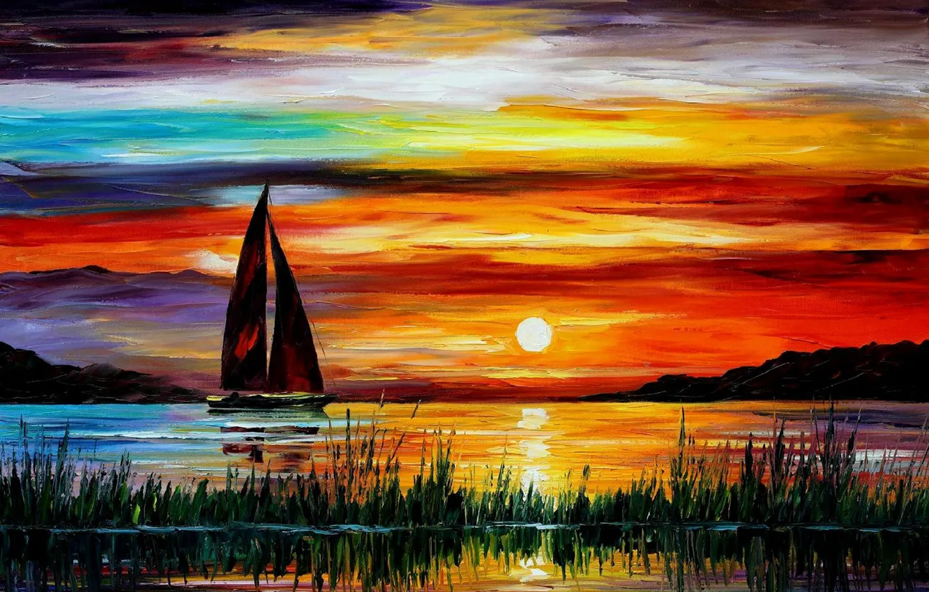 Фото обои море, закат, лодка, картина, florida, leonid afremov