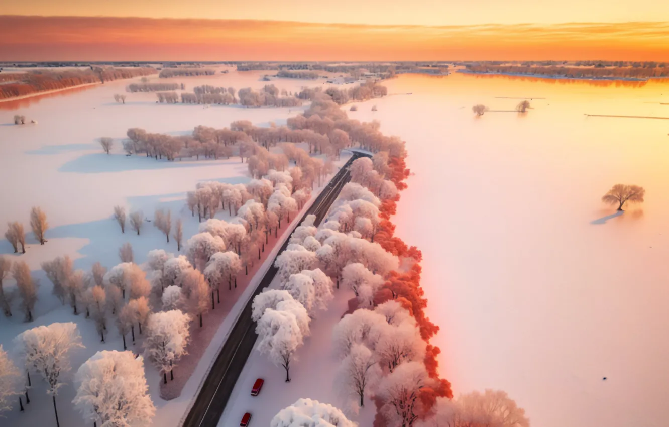 Фото обои зима, дорога, деревья, машины, поля, горизонт, простор, снега