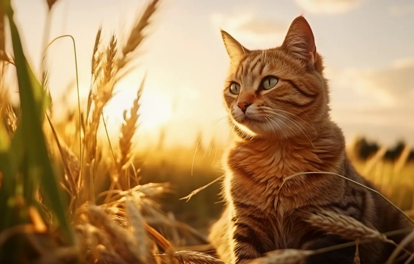 Фото обои поле, кошка, кот, взгляд, солнце, свет, поза, рыжий