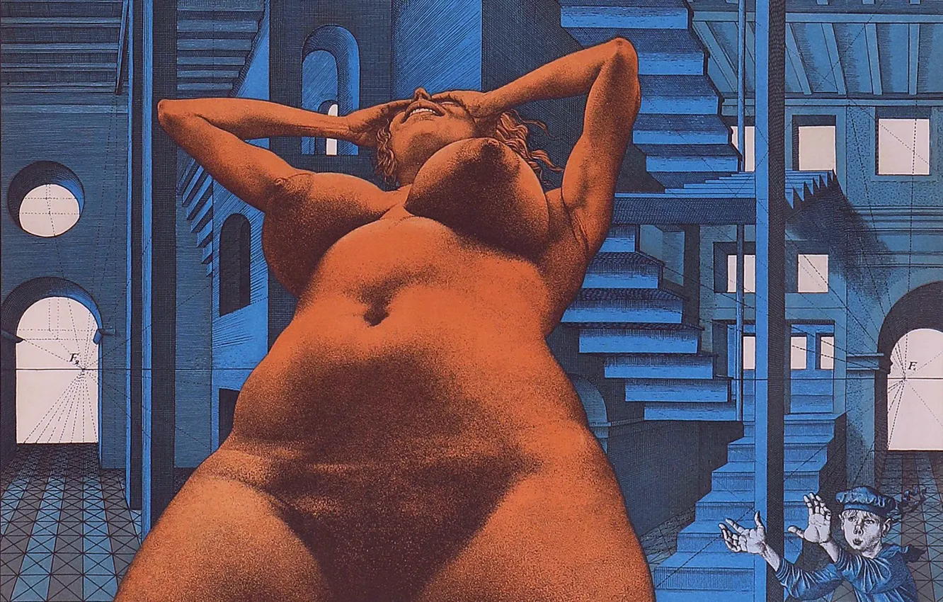 Фото обои Грудь, Картина, Ева, Обнажена, Австрийский художник, Rudolf Hausner, Ева в лабиринте, Рудольф Хауснер
