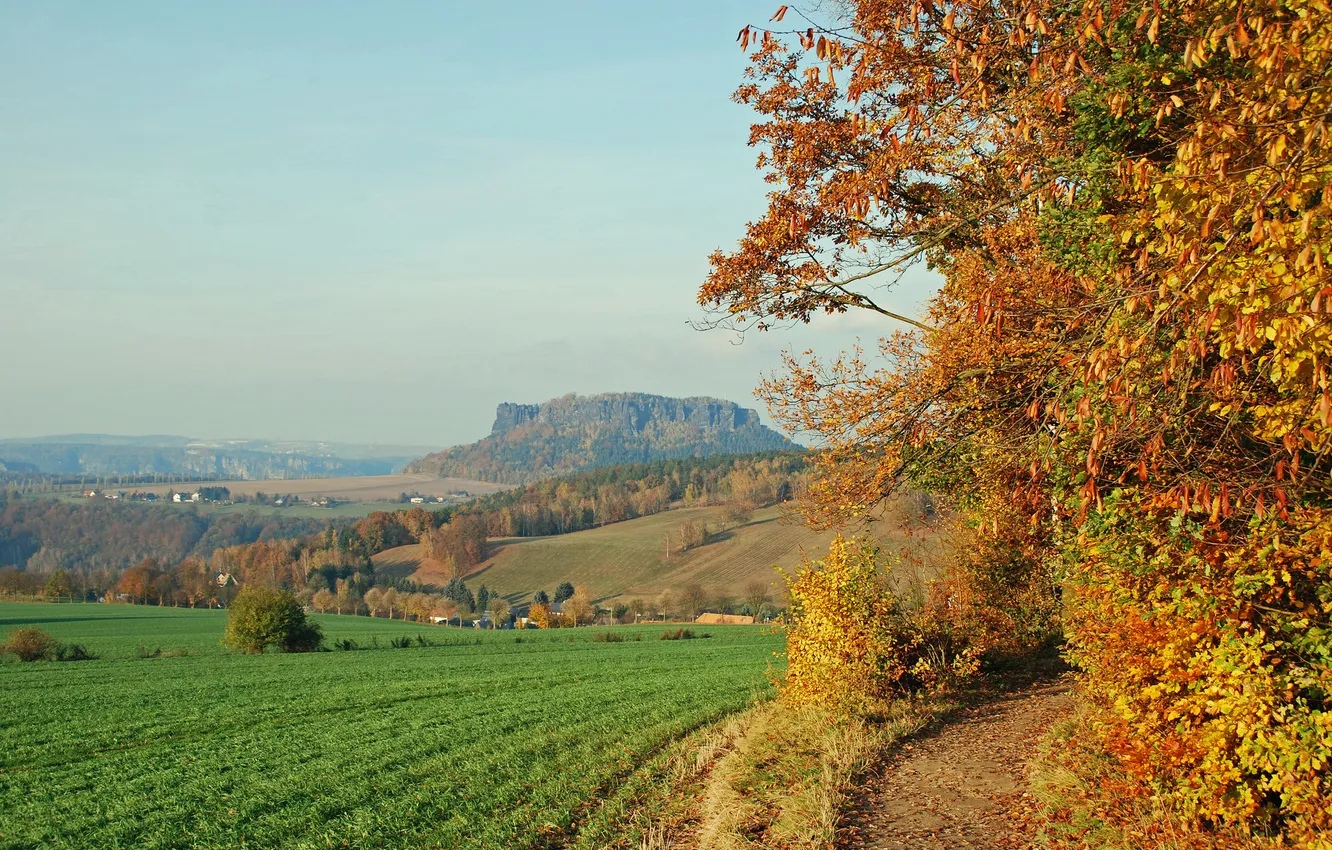 Фото обои поле, осень, небо, деревья, гора, Германия