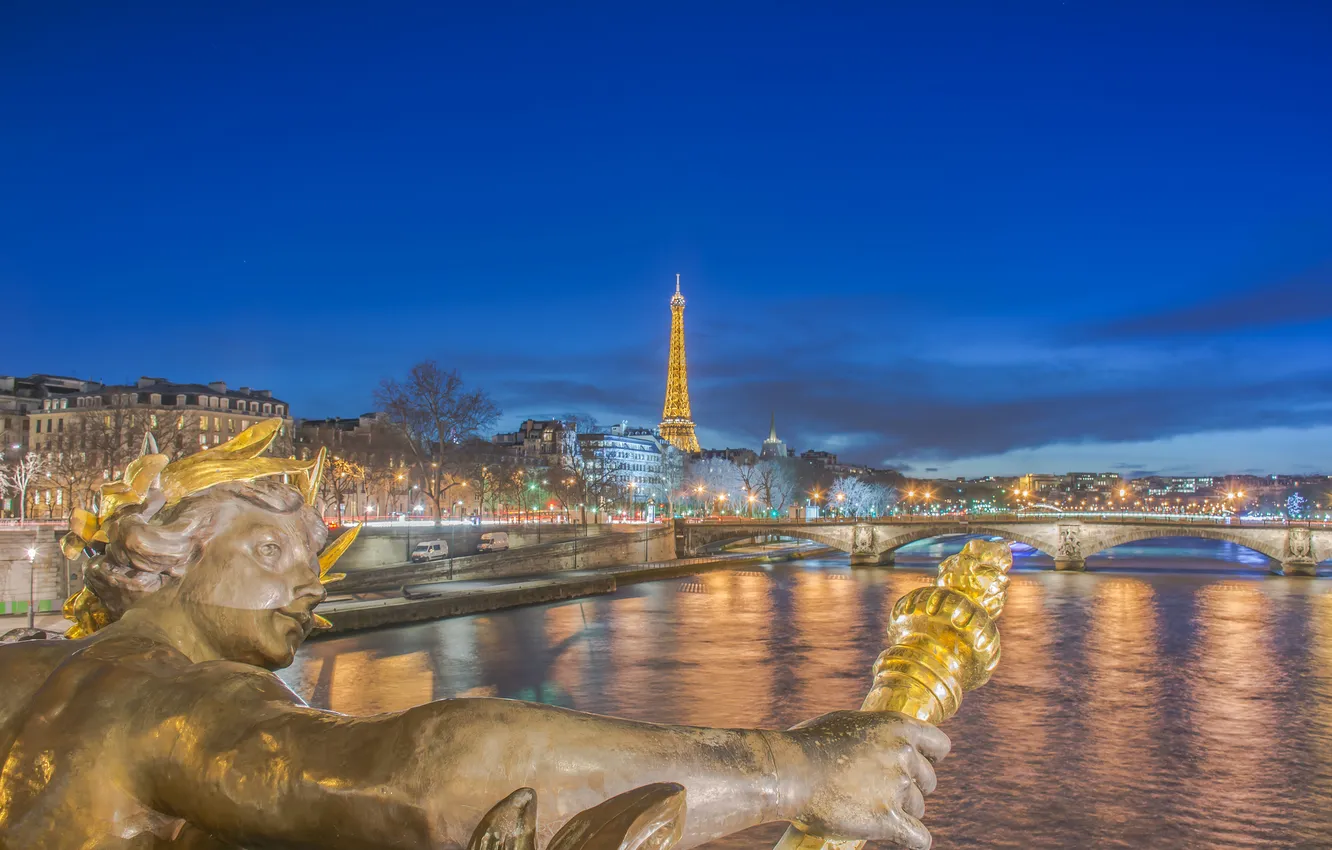 Фото обои ночь, мост, огни, река, Франция, Париж, башня, Сена