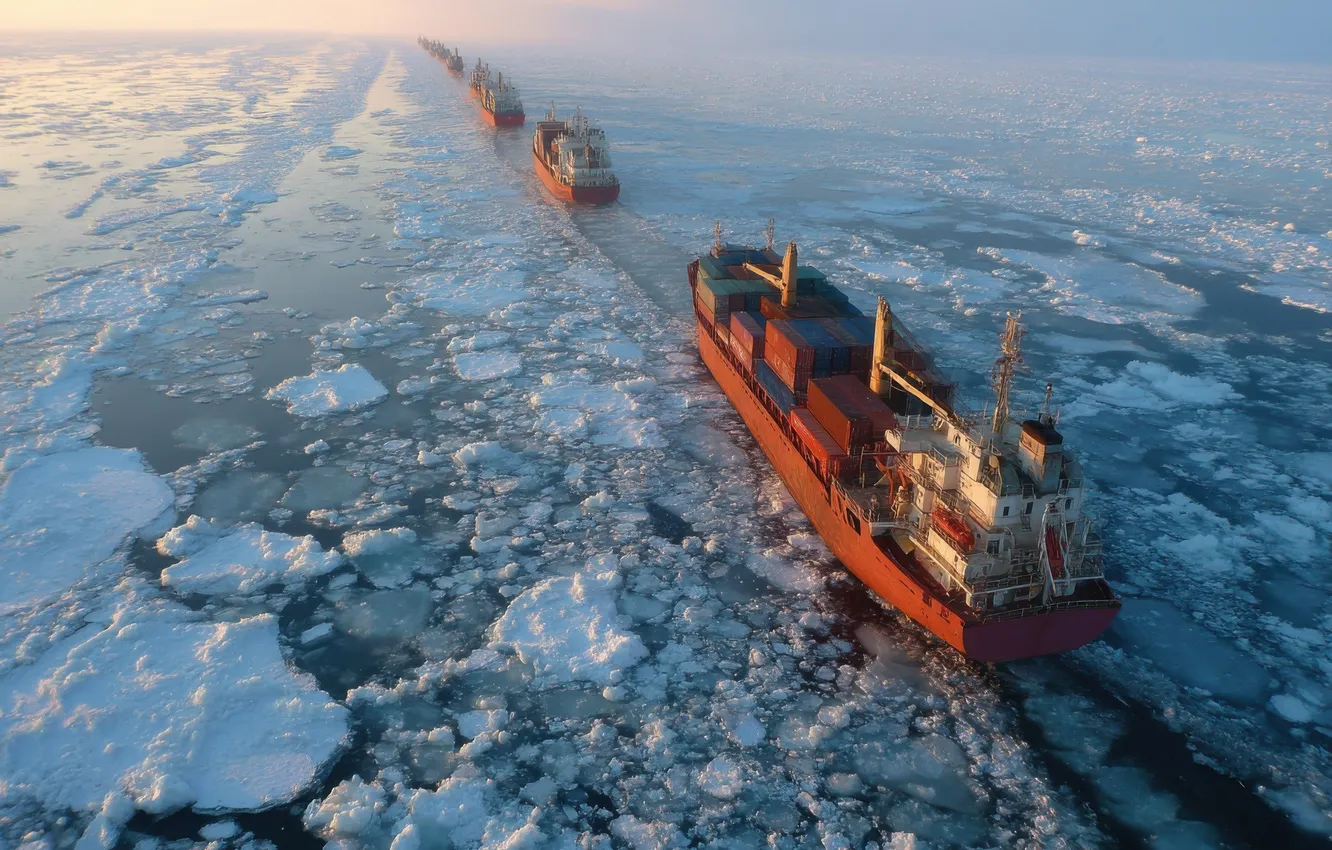 Фото обои зима, море, свет, снег, корабль, лёд, корабли, утро