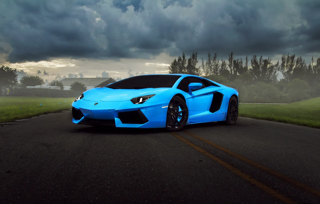 Фото обои тучи, Lamborghini, supercar, blue, Aventador, hq wallpaper