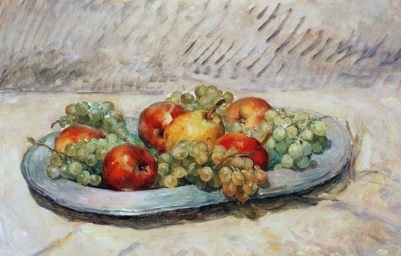 Фото обои яблоко, картина, виноград, груша, блюдо, Анри Лебаск, Натюрморт с фруктами