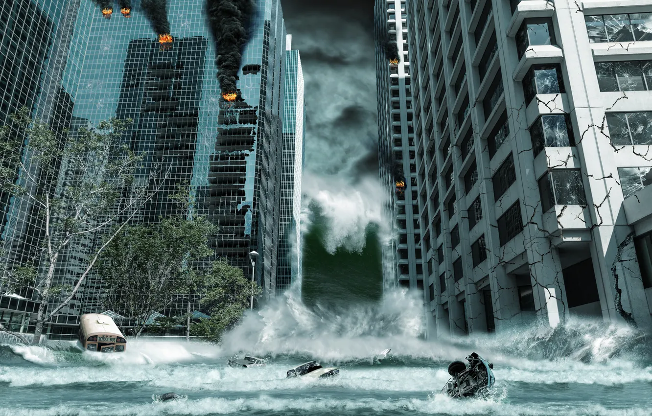 Фото обои city, город, небоскребы, Апокалипсис, storm, fantastic, tsunami, wave