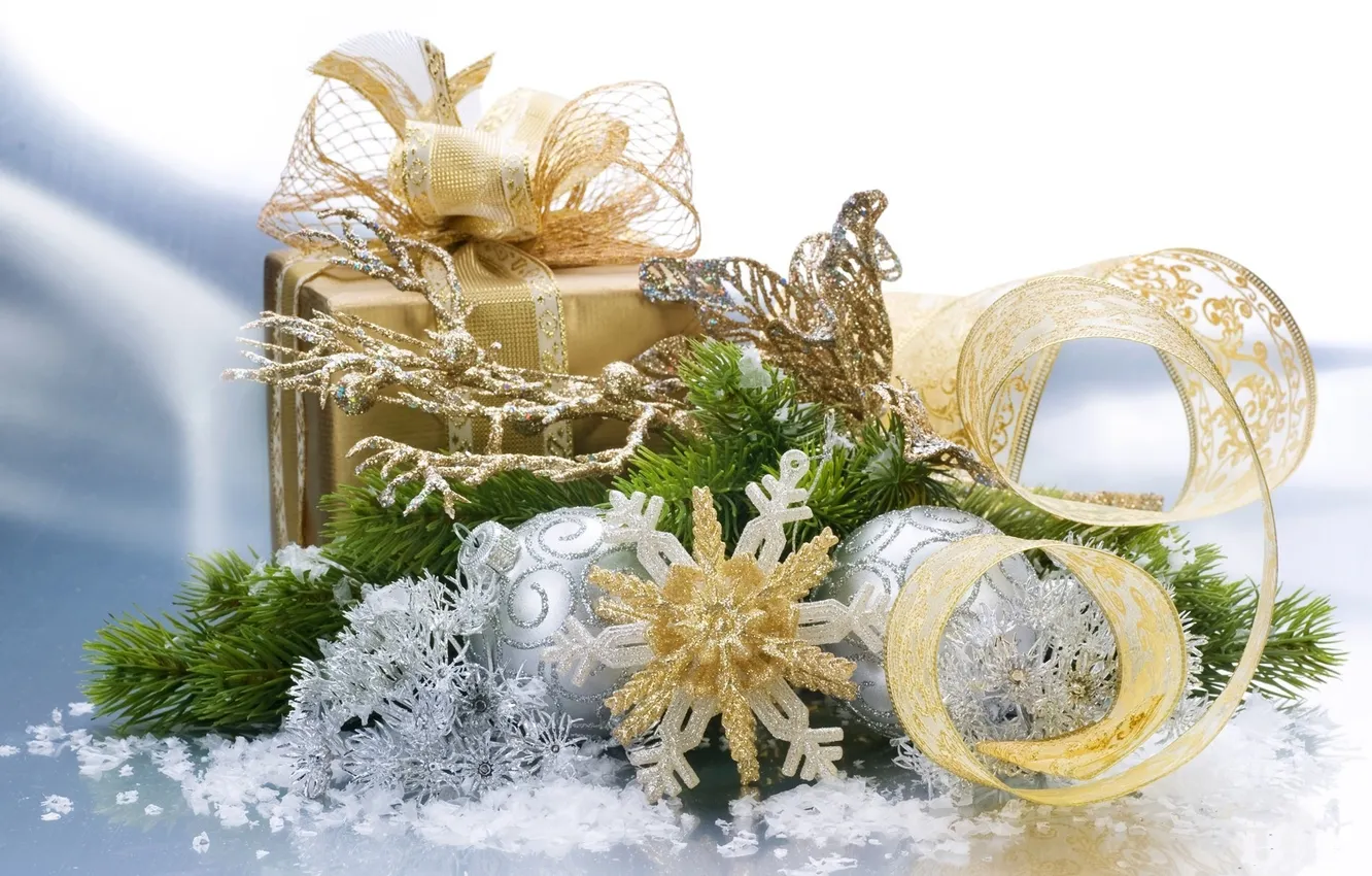 Фото обои шары, ветка, лента, снежинка, золотая, 1920х1200, Подарок