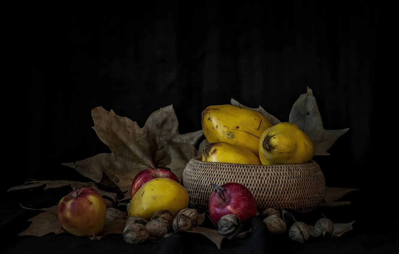 Фото обои яблоки, фрукты, орехи, корзинка