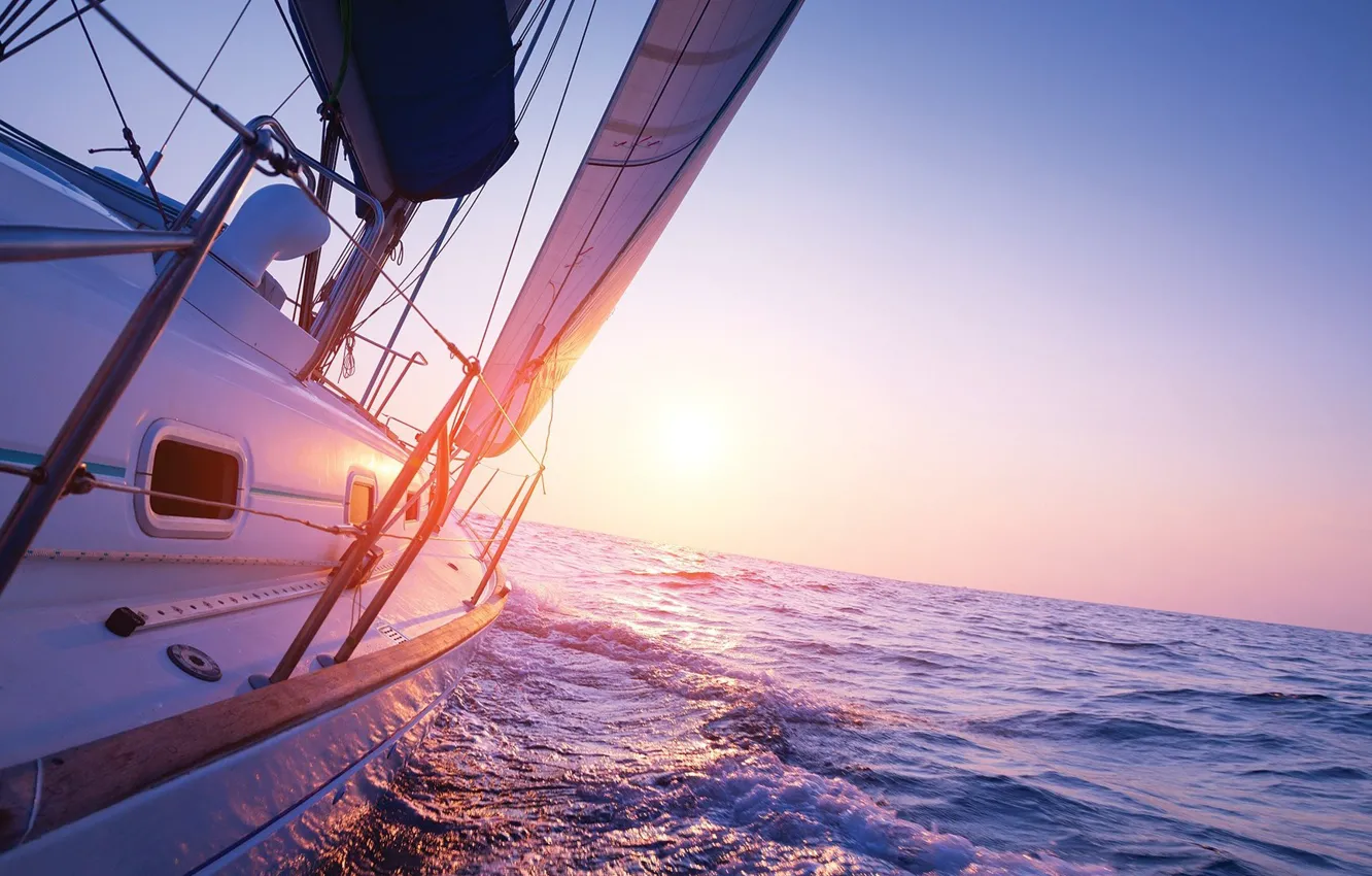 Фото обои море, солнце, путь, утро, яхта, парус, sailboat into sunrise