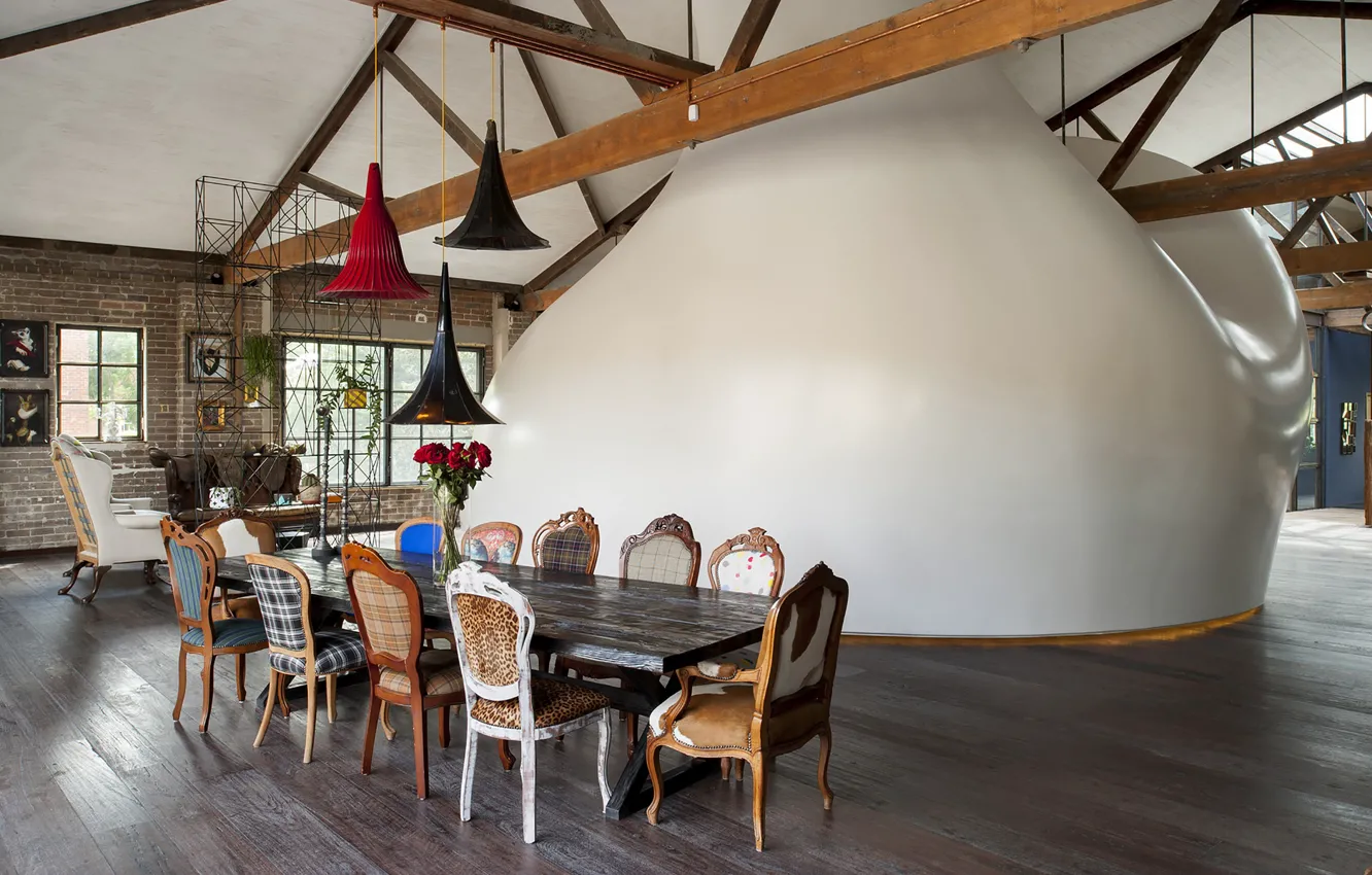 Фото обои дизайн, стиль, интерьер, warehouse, столовая, Inspiring Loft