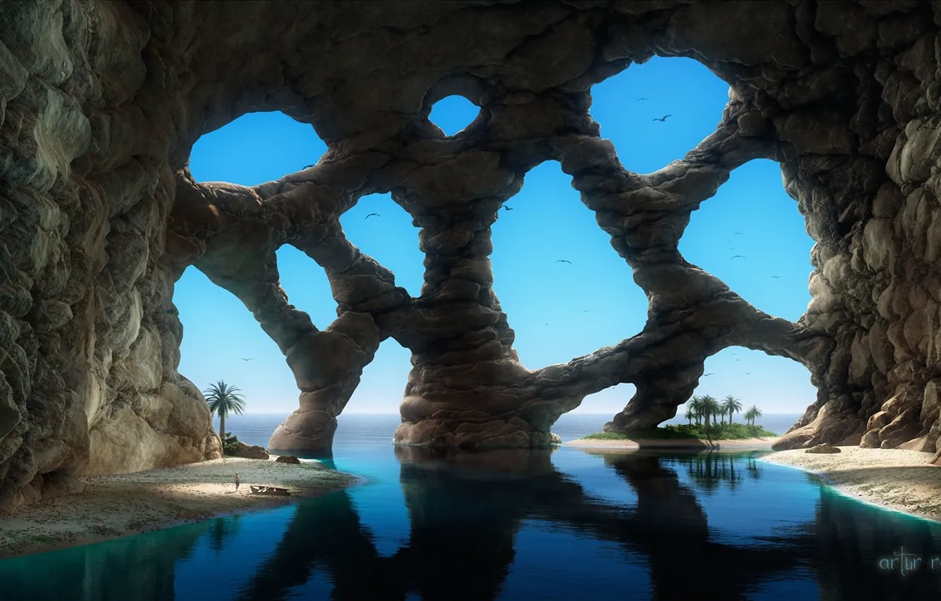 Фото обои песок, море, пальмы, фантастика, скалы, человек, арт, арки