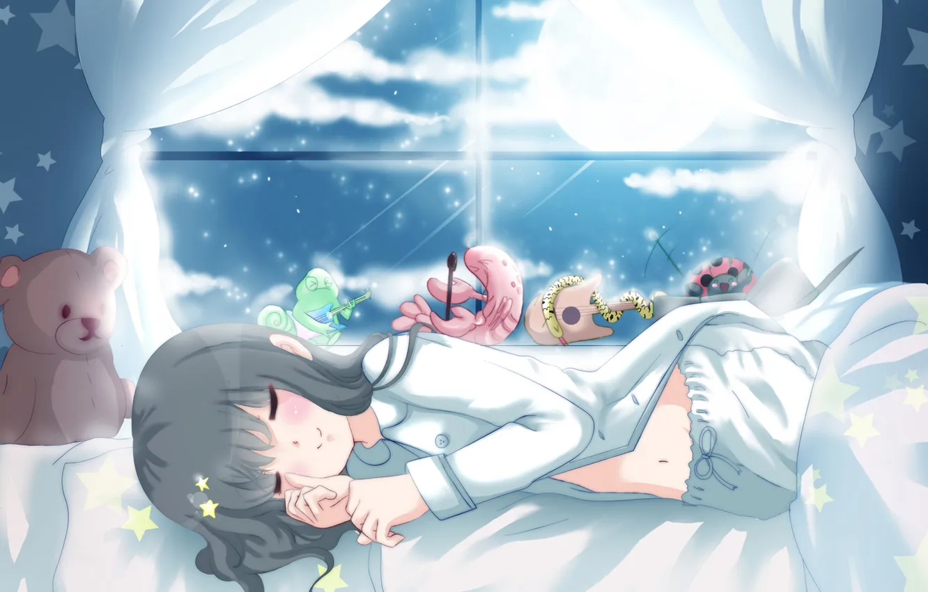 Фото обои девушка, облака, ночь, луна, игрушки, окно, постель, локоны
