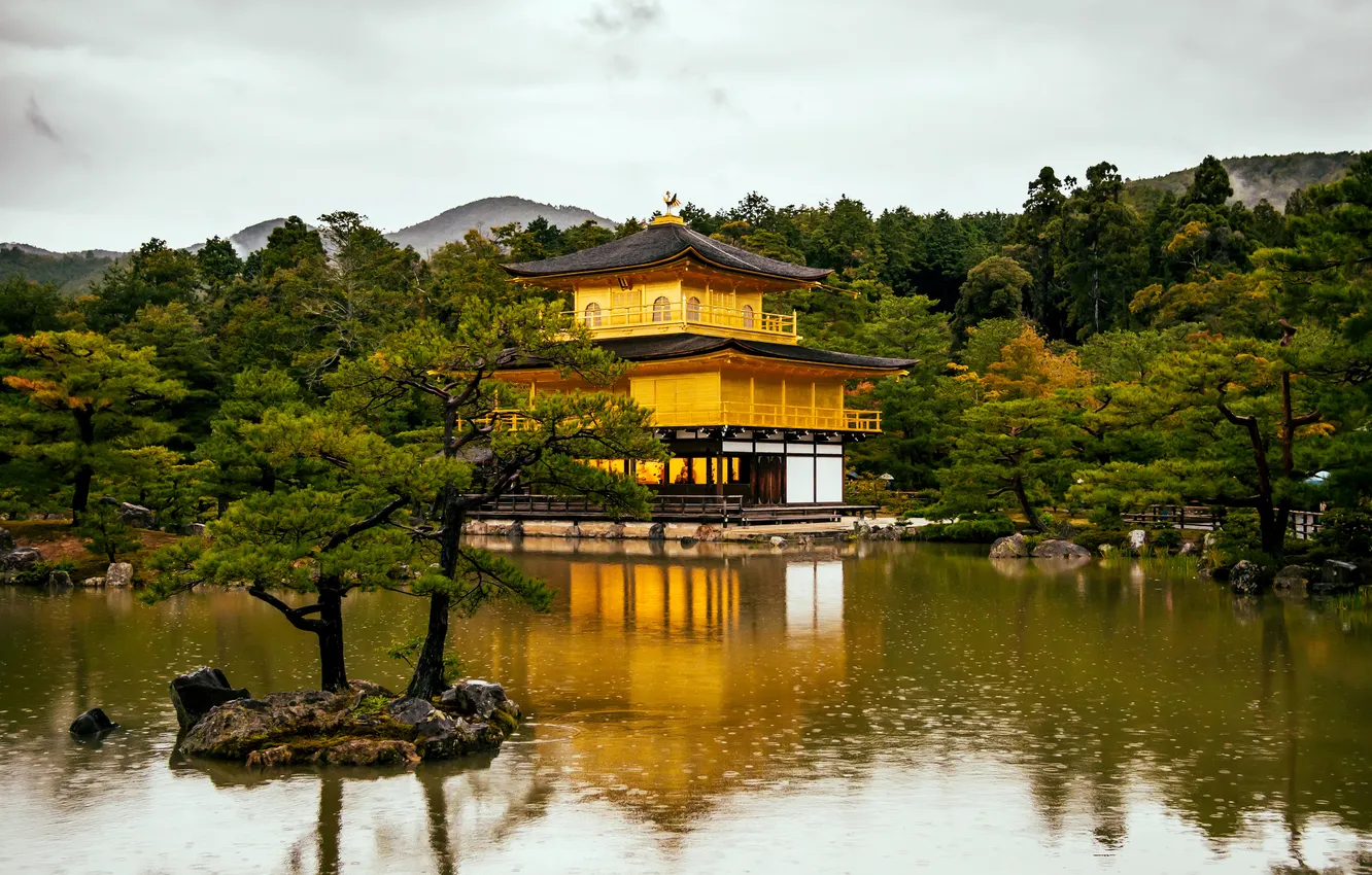 Фото обои деревья, горы, дом, Япония, пагода, речка, Kyoto, леса