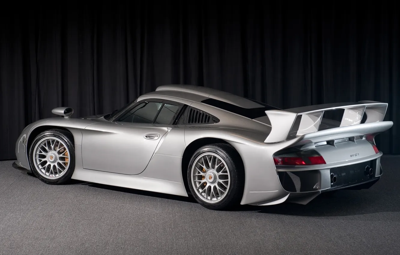 Фото обои серый, фон, 911, Porsche, суперкар, порше, вид сзади, 1997