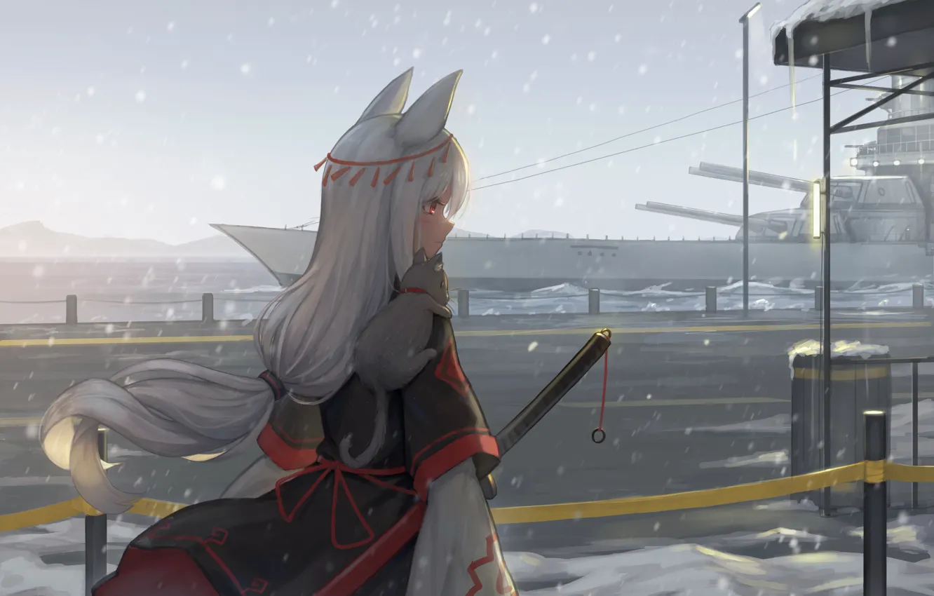 Фото обои море, девушка, снег, катана, ушки, боевой кораблль
