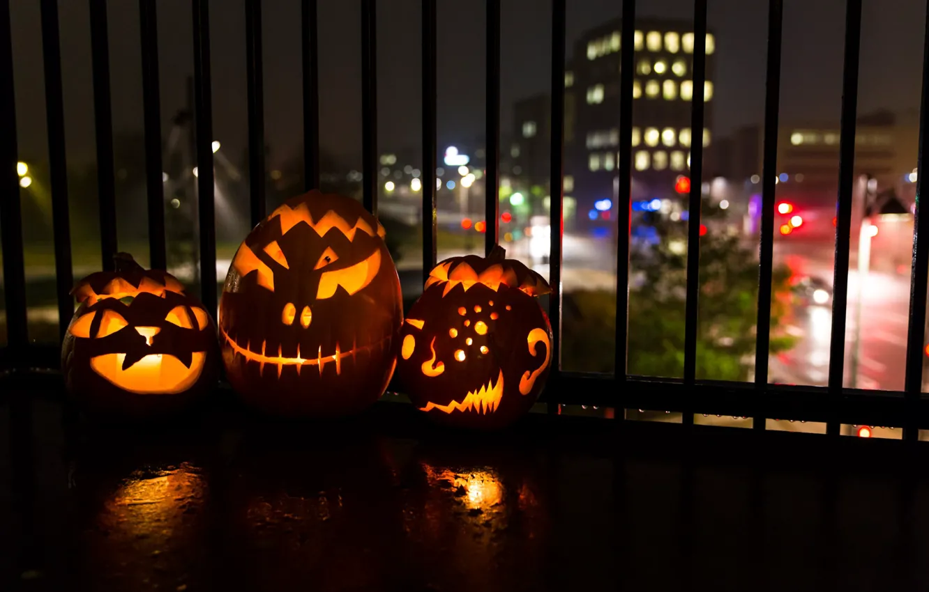 Фото обои ночь, тыквы, Halloween