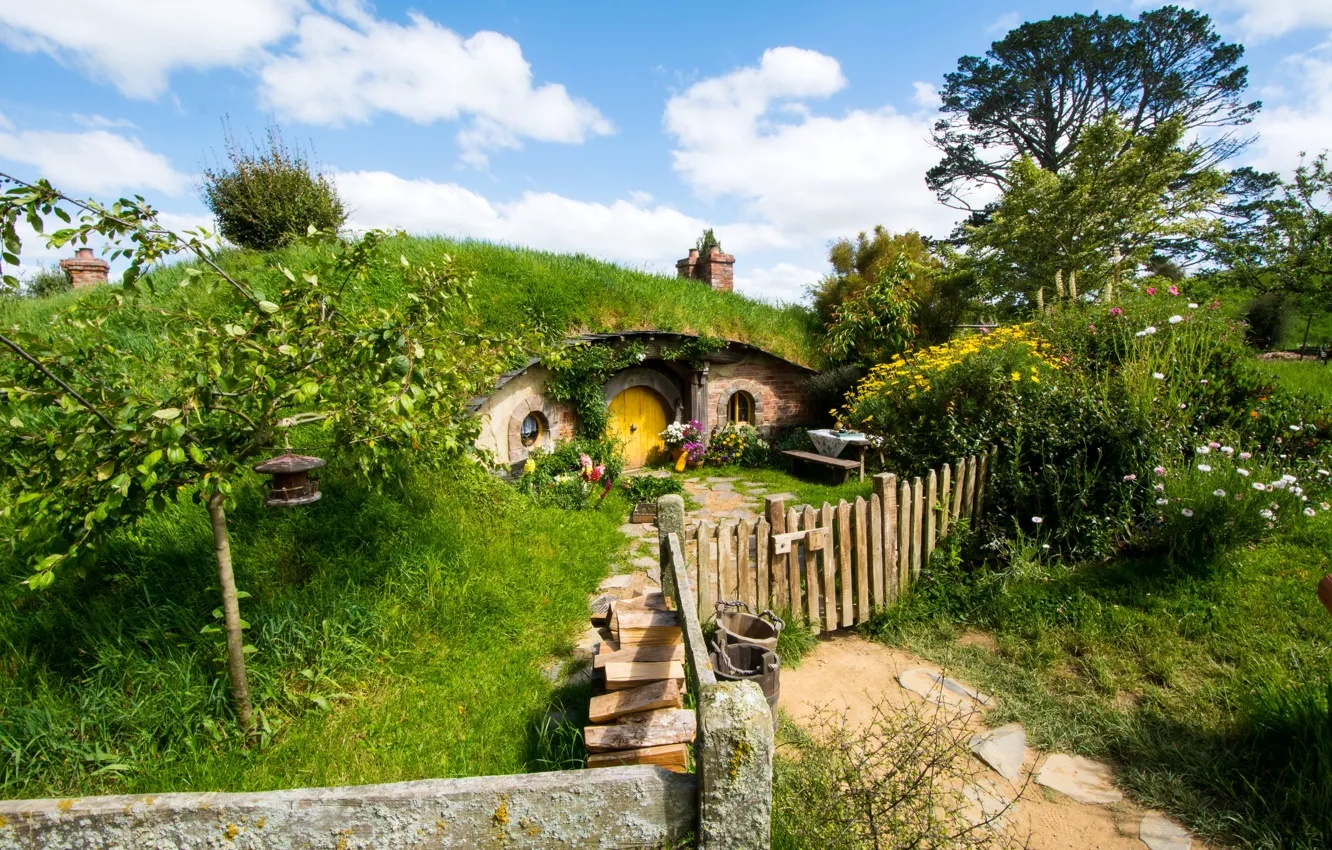Фото обои Природа, Забор, Куст, Дом, Новая Зеландия, Парк, ы Matamata Hobbiton Park