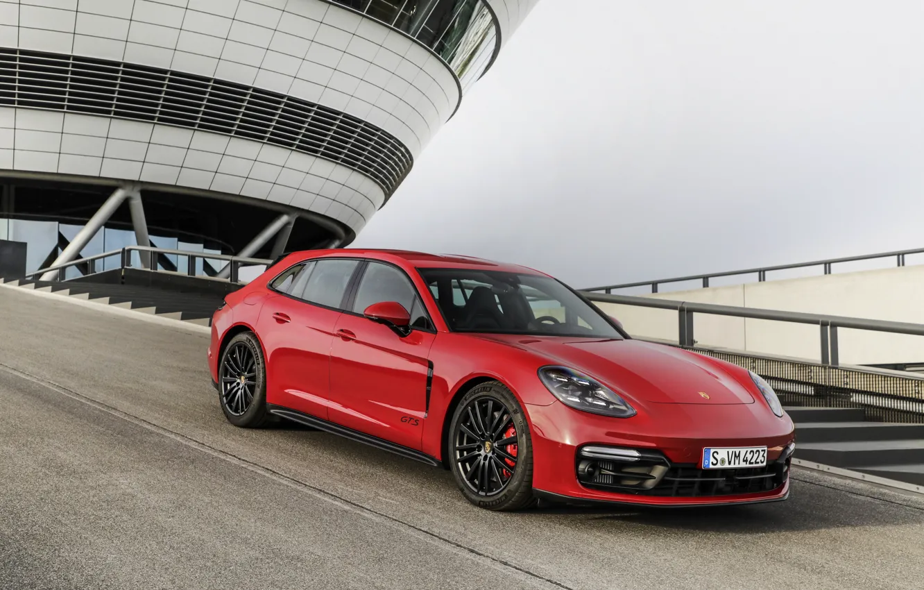 Фото обои красный, Porsche, Panamera, универсал, 2021, Panamera GTS Sport Turismo
