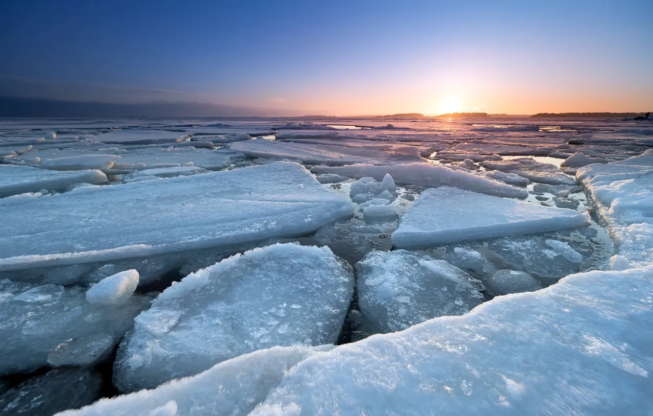 Фото обои море, закат, лёд