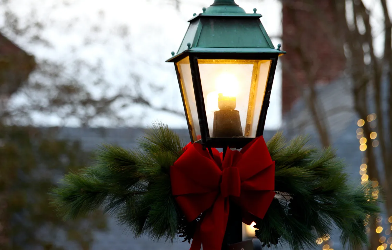 Фото обои зима, свет, ветки, красный, праздник, улица, огоньки, Рождество