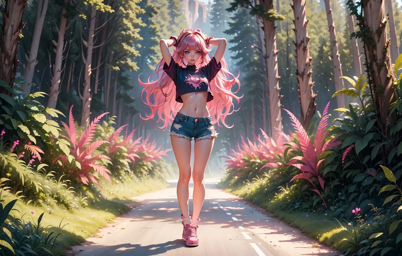 Фото обои girl, forest, road, shorts, sneakers, ai art