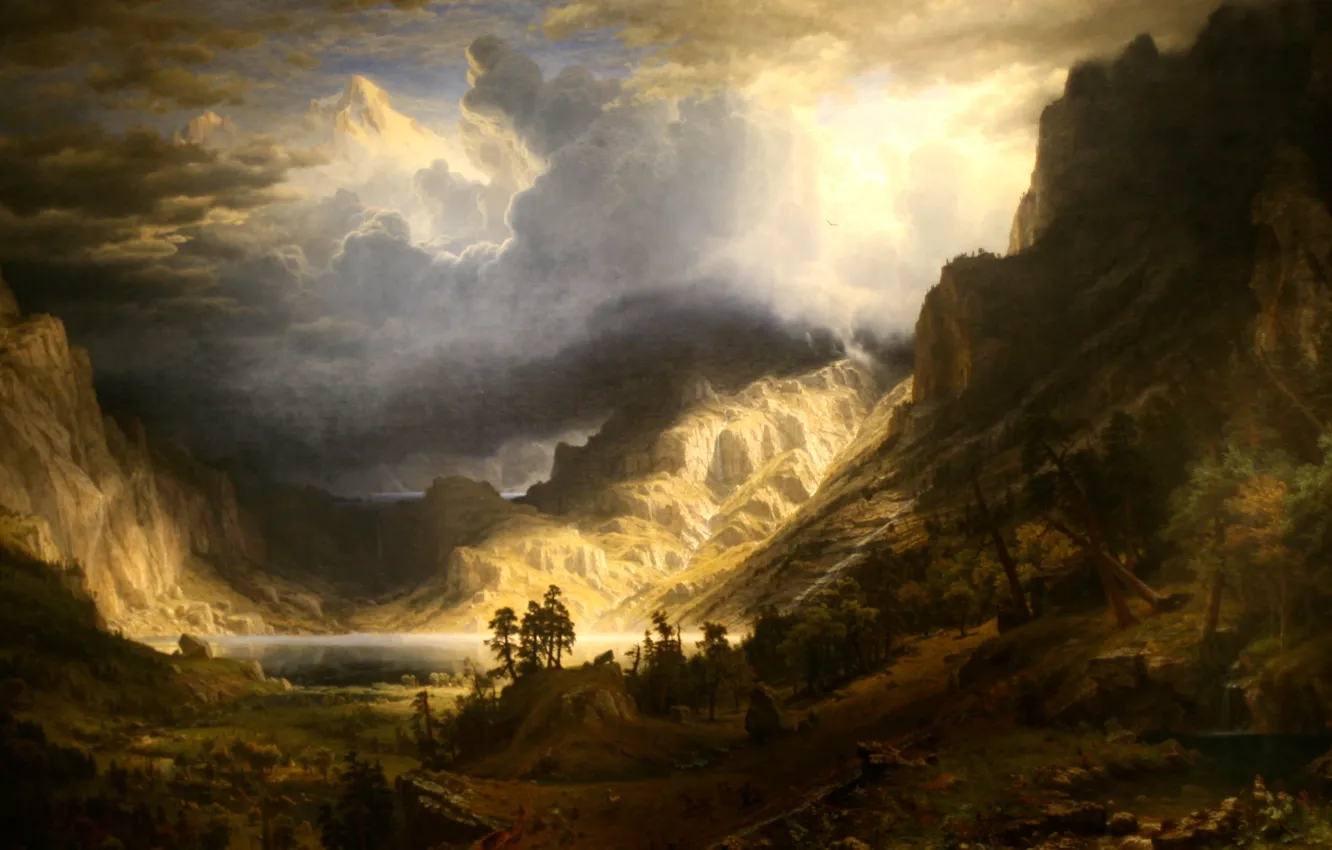 Фото обои пейзаж, картина, Альберт Бирштадт, Буря в Скалистых Горах