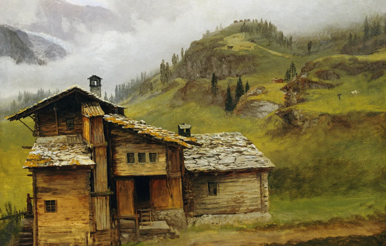 Фото обои пейзаж, картина, Альберт Бирштадт, Дом в Горах